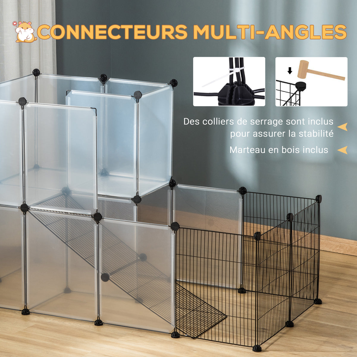 Enclos lapin interieur, 2 niveaux, parc modulable pour petits animaux, 27pcs, 140 x 70 x 90 cm, noir