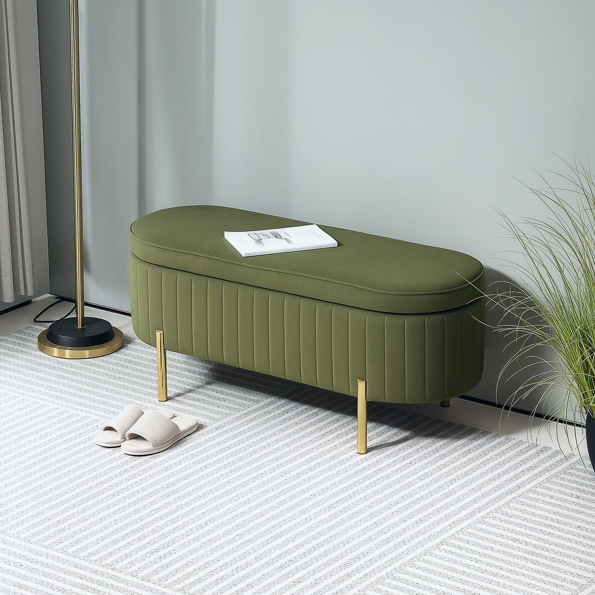 Banc de rangement, bout de lit en velours avec couvercle, pieds en métal, capacité 72 L, 107x42x45,5cm, vert foncé