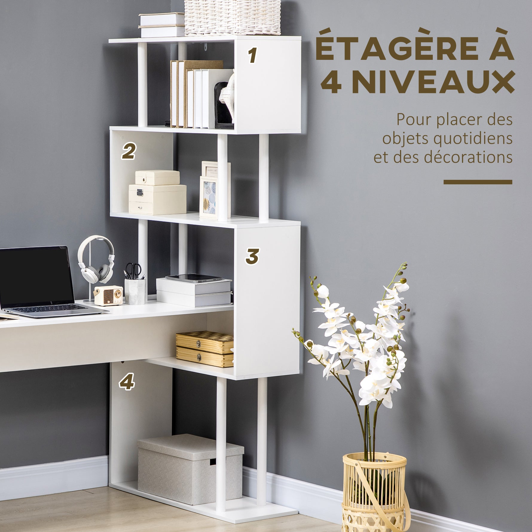 Bureau d'angle bureau informatique en forme de L avec étagères à 4 niveaux en bois 120 x 80 x 176 cm blanc
