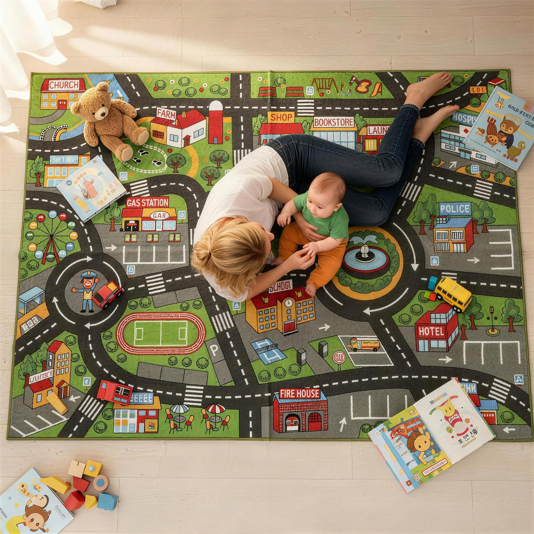 Tapis de jeu pour bébé, tapis de sol antidérapant, motif de route de la ville, 200 x 150 cm, multicolore
