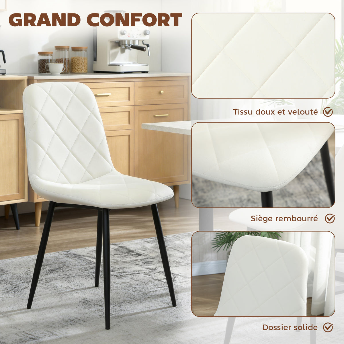 Lot de 4 chaises de salle à manger rembourrées avec dossier haut, pieds en acier et tissu effet velours, crème