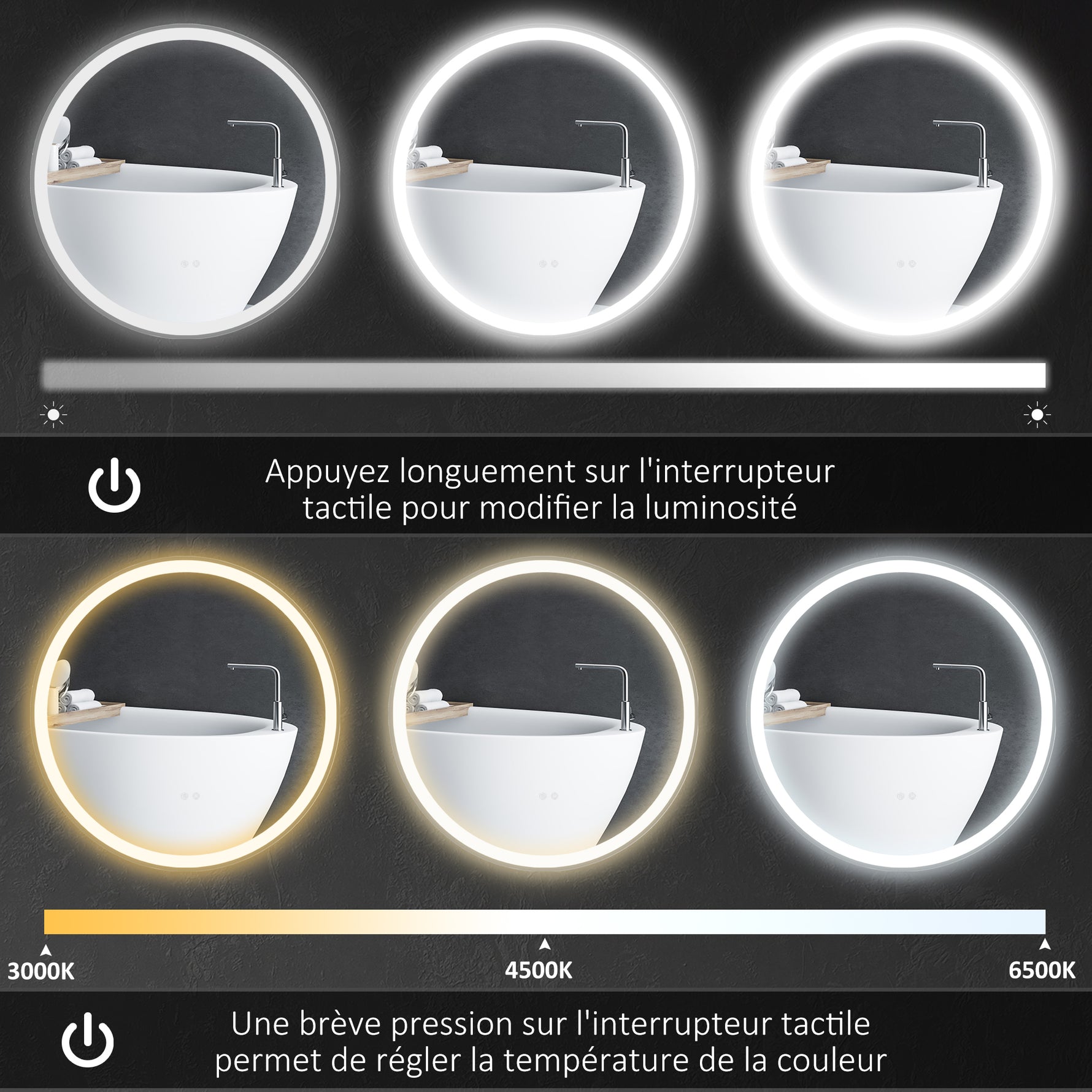 Miroir rond lumineux LED de salle de bain Ø 80 cm mural avec éclairage 3 couleurs interrupteur tactile 46W blanc argent