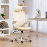 Chaise bureau ergonomique, fauteuil de bureau, accoudoirs relevables, soutien lombaire, appui-tête, 60x63x120cm, beige