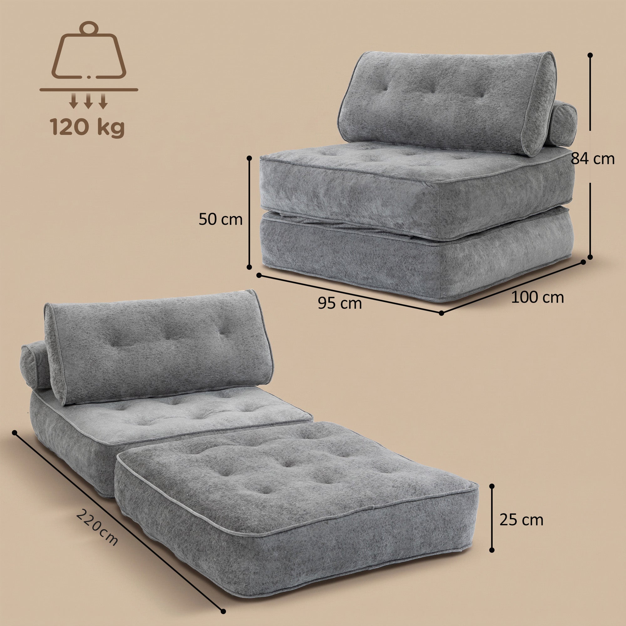 1-zits verstelbare fauteuil 95 x 220 cm met 2 kussens, dik zitvlak, 3-in-1 fauteuil-bed met warmtefunctie, lichtgrijs