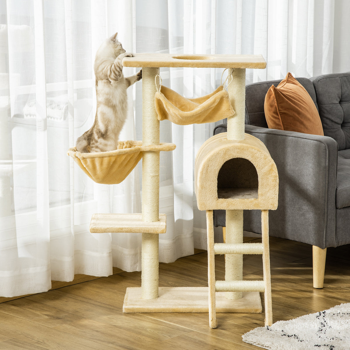 Krabpaal krabmeubel stabiele klimboom met meerdere niveaus activiteitencentrum hoogte 98 cm beige