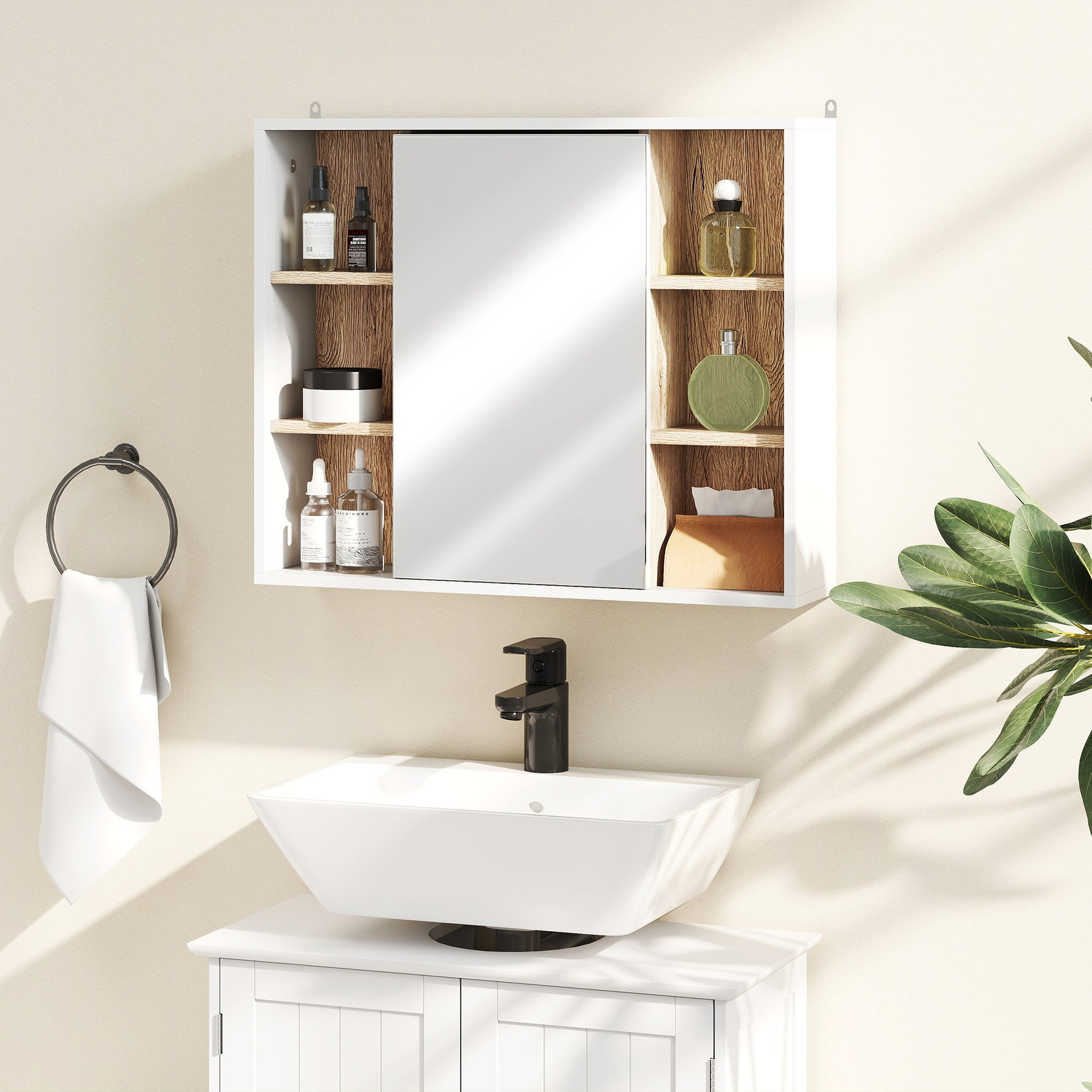 Armoire murale, meuble salle de bain avec miroir, miroir salle de bain avec rangement, placard à portes et 6 compartiments ouverts, 60 x 14,5 x 49,4 cm, blanc