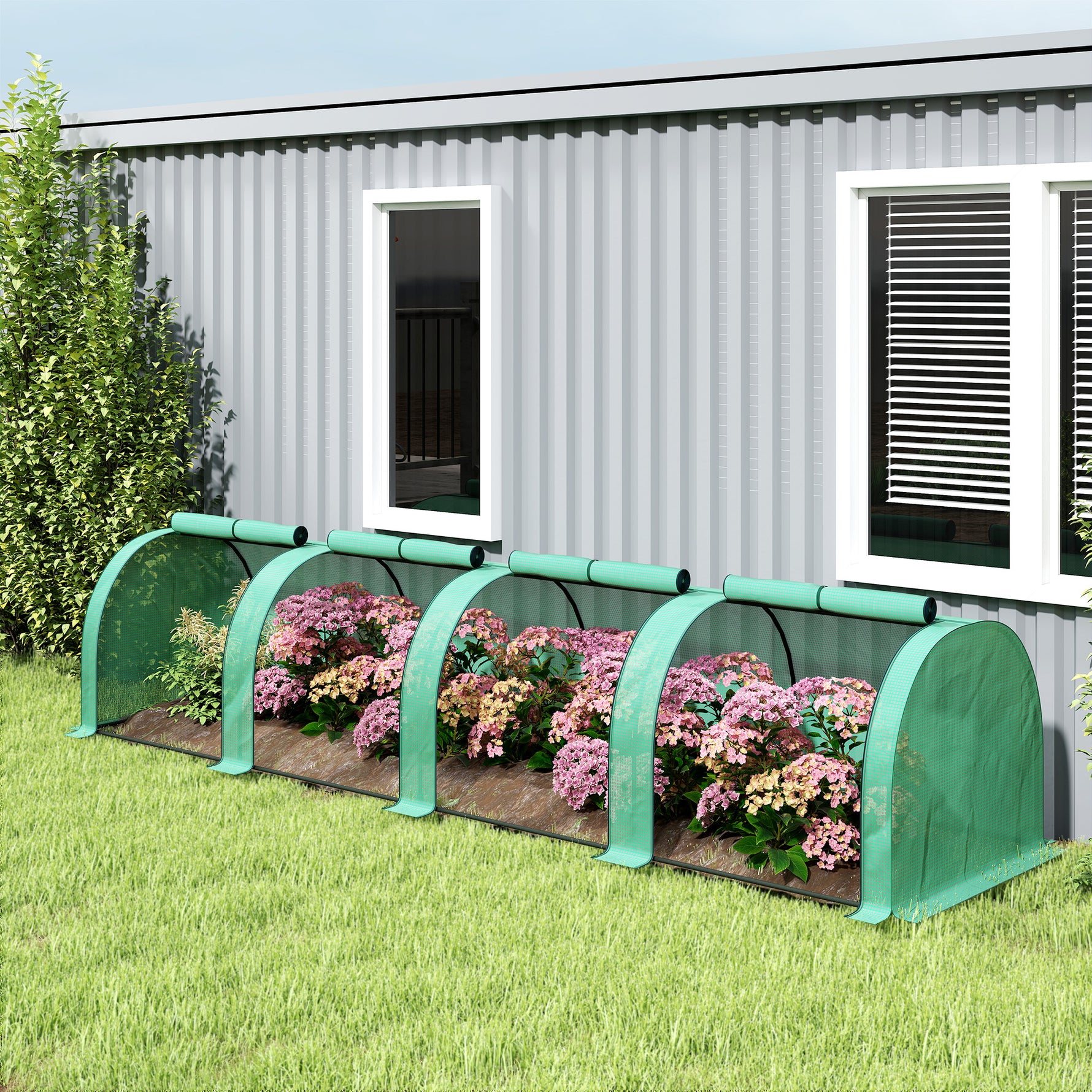 Mini serre de jardin serre à tomates 4 x 1 x 0,80 m acier PE anti-UV 4 portes avec zip enroulables vert