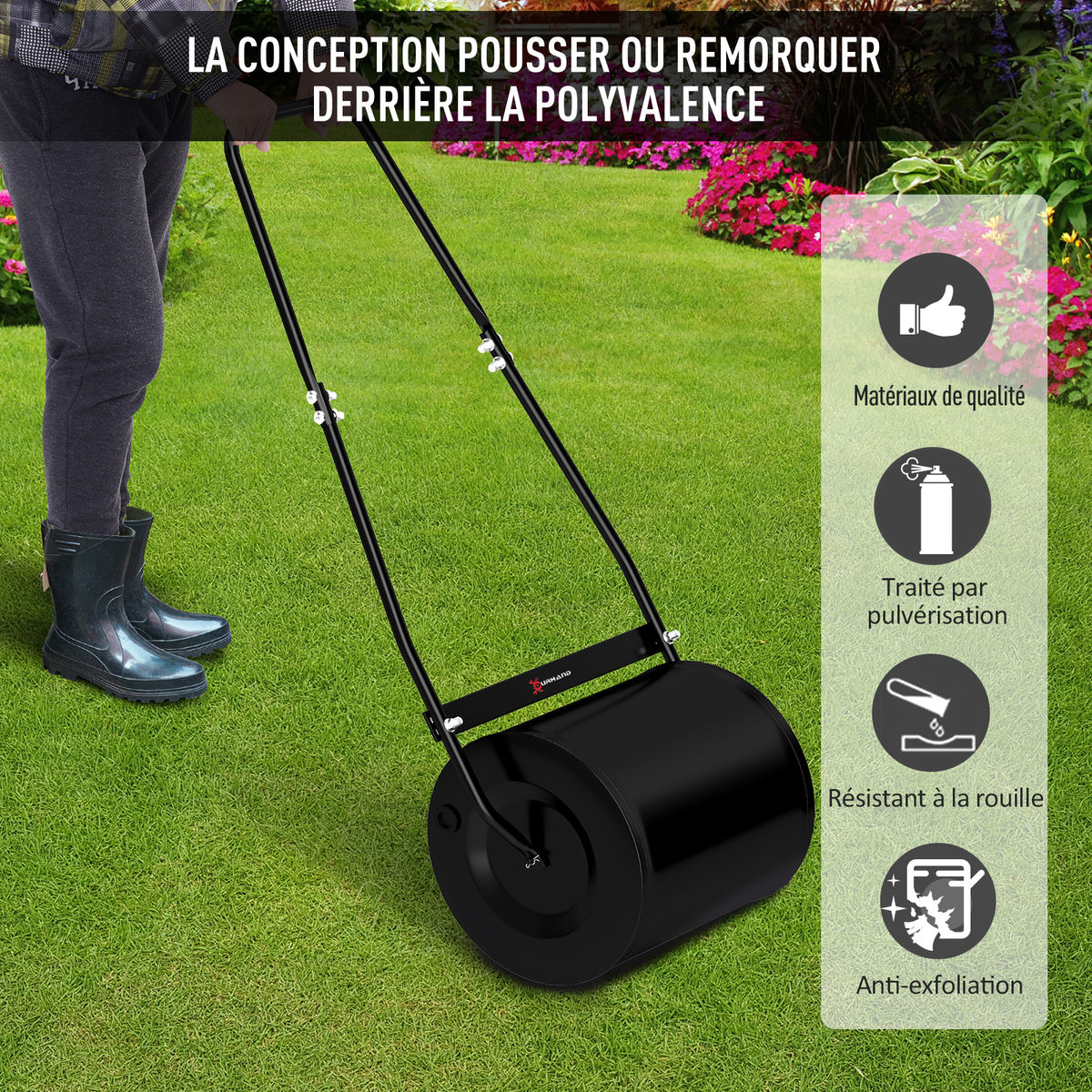 Rouleau à Gazon Jardin en Acier avec poignée dim. 47L x 32l x 105H cm lestage Max. 30 L Noir