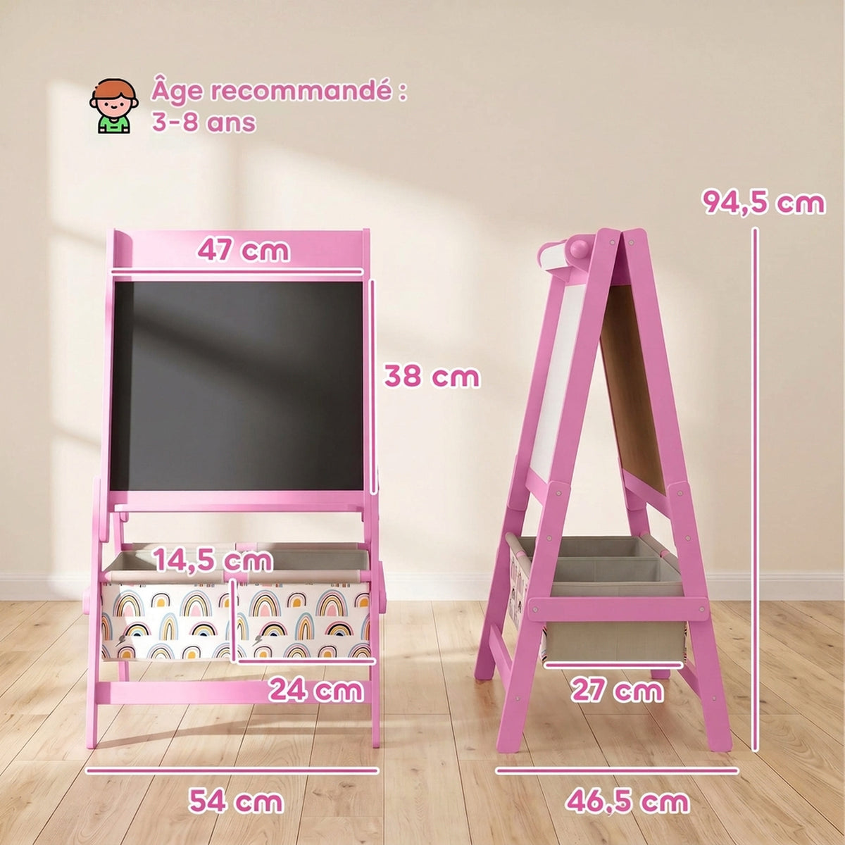3-in-1 Dubbelzijdige Kinderezel, Lessenaar en Witbord, Papierrol, Manden, Plank, 3-8 Jaar, Roze