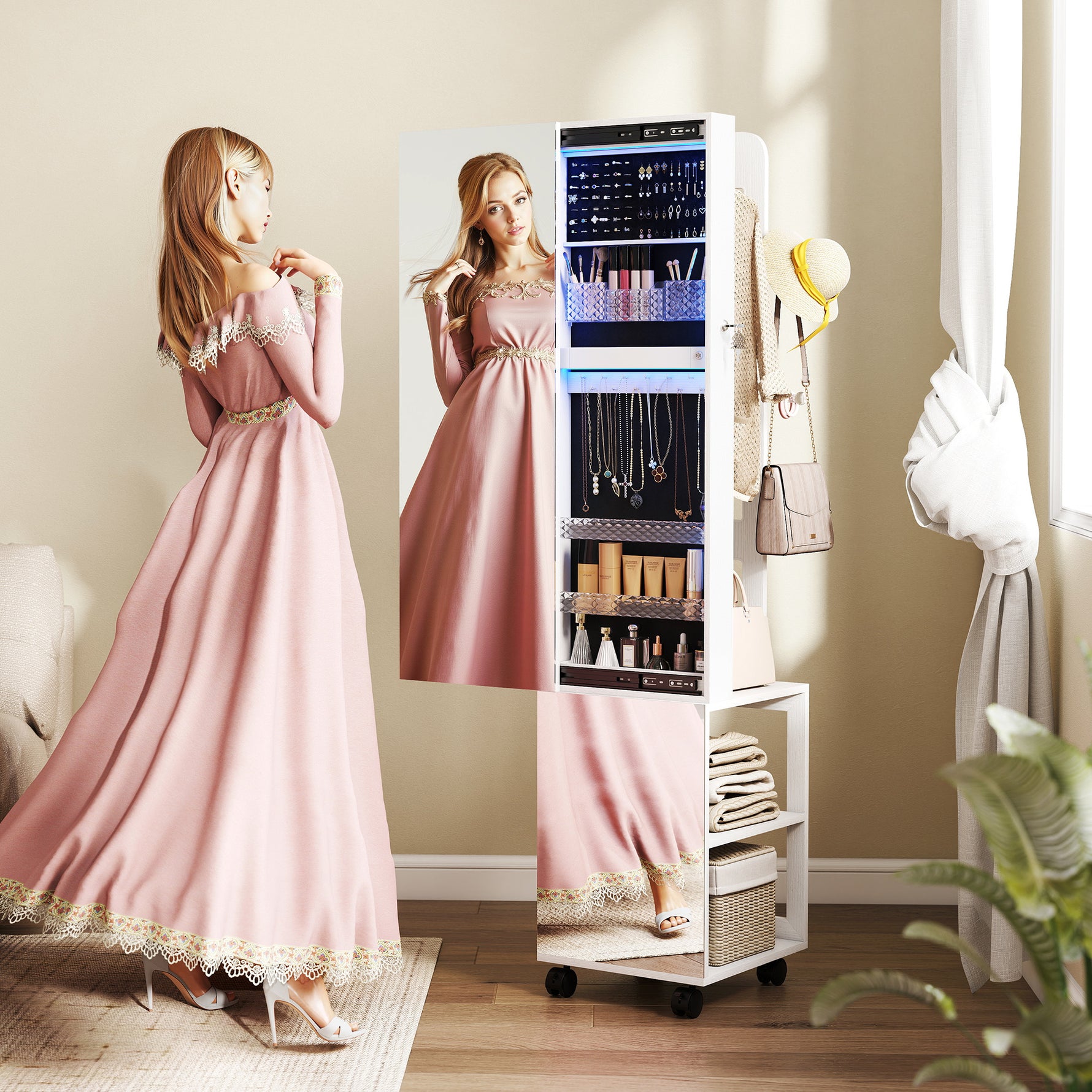 Armoire à bijoux armoire avec miroir sur pied pivotante à 360° éclairage LED 37x40x165,5cm cadre blanc, doublure noire