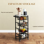 Desserte cuisine 4 niveaux chariot de service sur roulettes plan de travail cadre en acier 49,5 x 31 x 91 cm gris clair