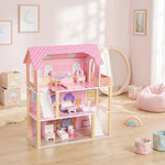 Casa delle Bambole in Legno per Bambini, Casa dei Sogni per Bambine a 3 Piani con Balcone, Scale e 10 Accessori, Rosa