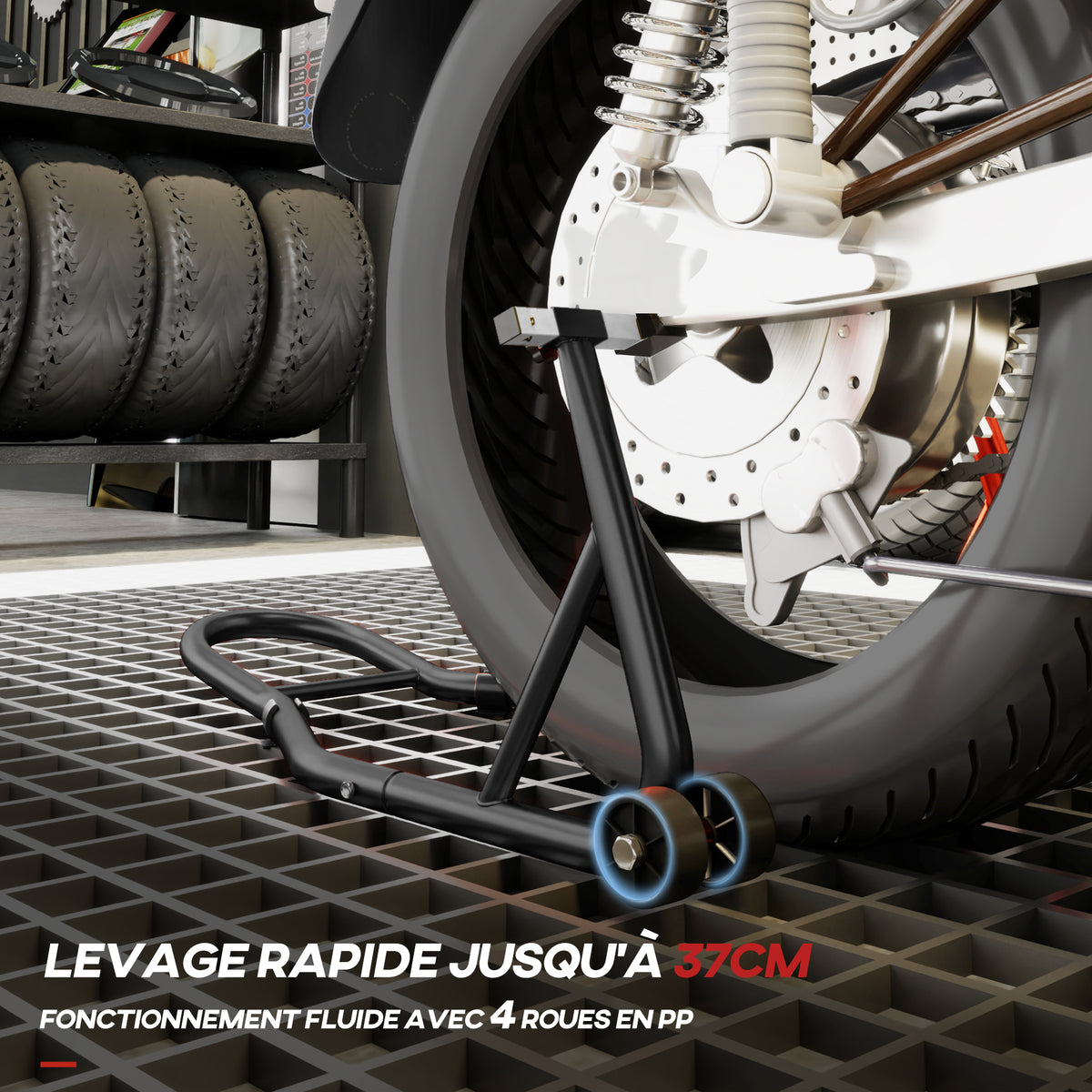 Support béquille de moto arrière support de roue lève moto arrière sur roulettes avec bobine de bras oscillant U, noir