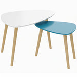 Set di 2 tavolini da salotto nidificanti design scandinavo, gambe in legno e piano in legno, bianco e blu
