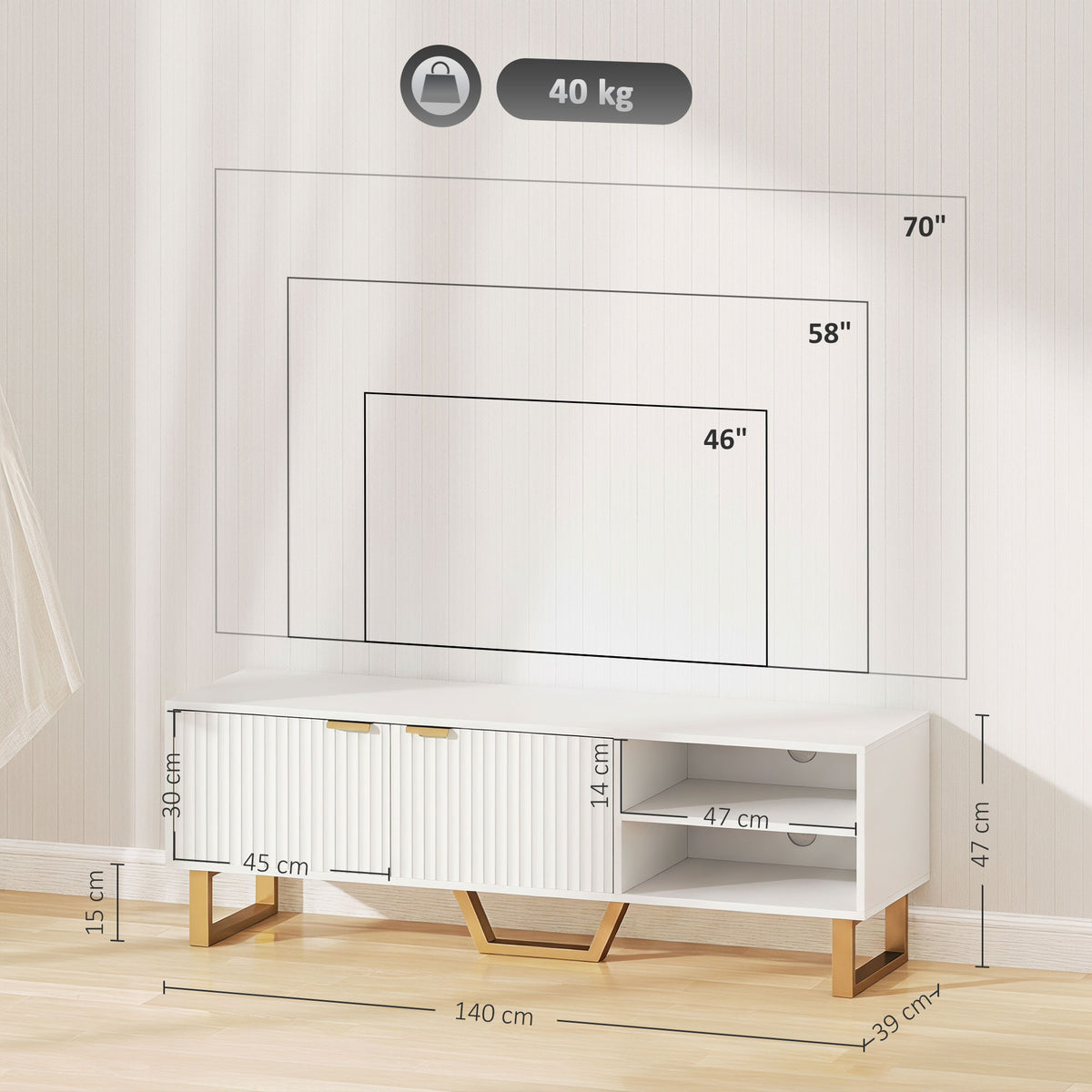 Meuble TV banc TV pour téléviseur jusqu'à 70 pouces - placard à 2 portes cannelées, compartiment ouvert et passe-câbles