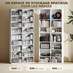 Rangements pour CD et DVD 18 compartiments capacité max. 640 CD/360 DVD 430 Blu-ray 78,5 x 24 x 175 cm blanc