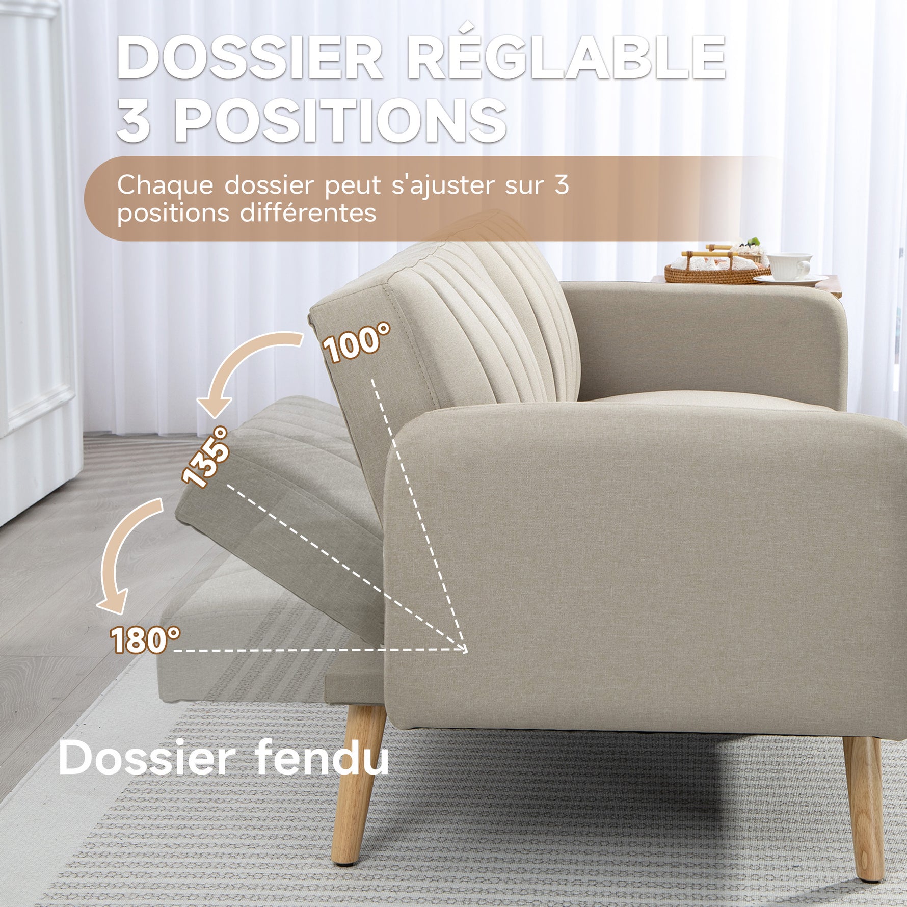 Canapé Convertible 2 Places Design scandinave Dossier inclinable 3 Positions Pieds Bois Tissu Aspect Lin Beige