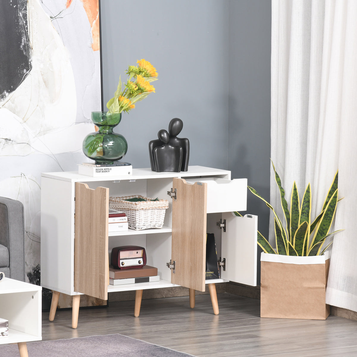 Dressoir Scandinavisch design 2 kasten schuiflade massief grenenhouten poten spaanplaat wit licht eiken