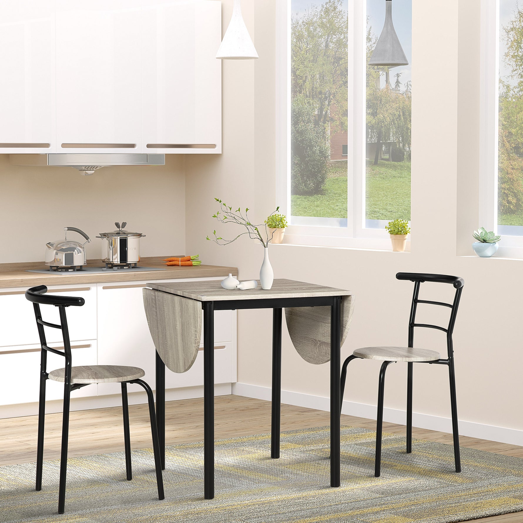 Ensemble table ovale extensible et 2 chaises - table à rabats - métal et MDF - noir et naturel