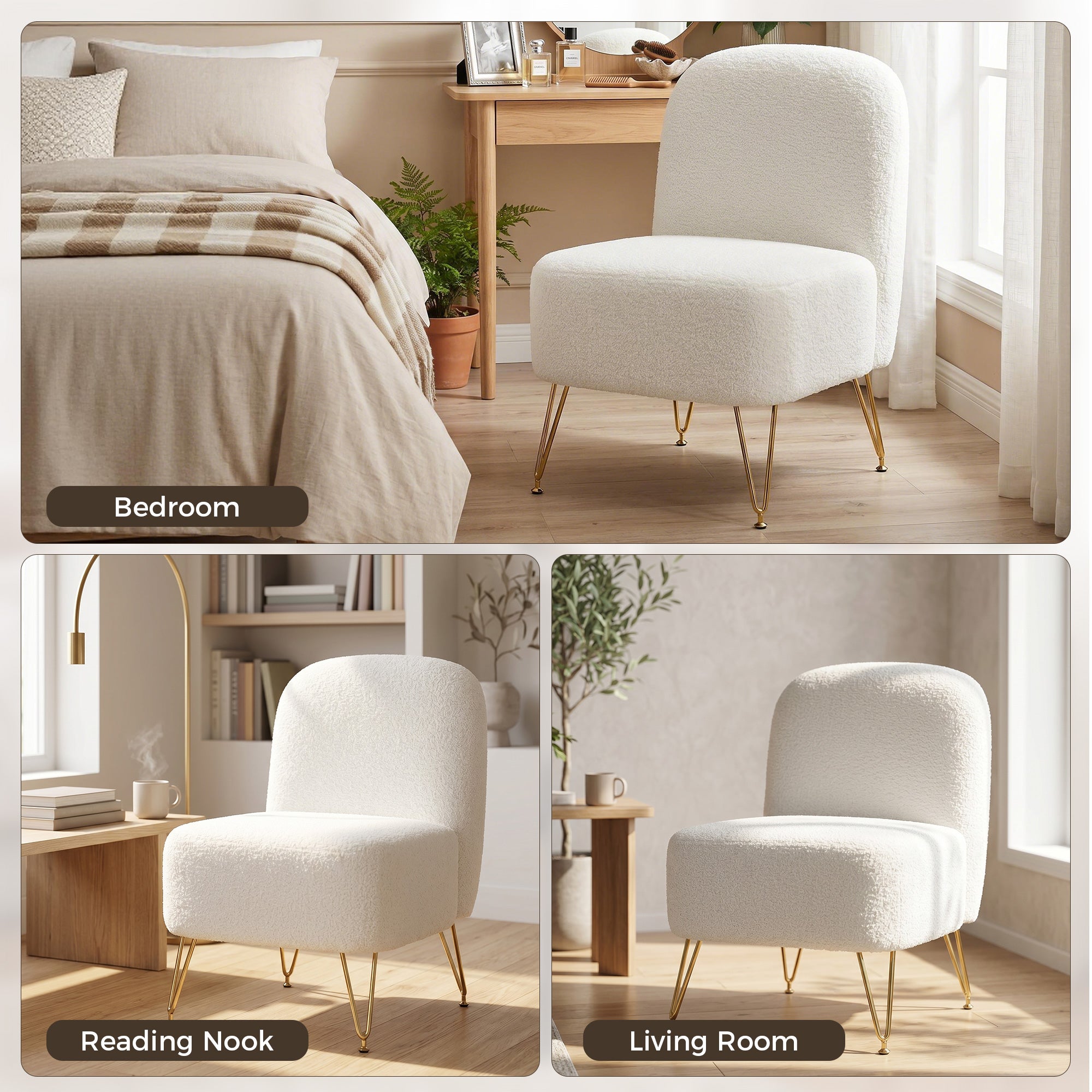 Fauteuil Salon Sans Accoudoirs, Fauteuil d'Appoint Rembourré en Tissu Bouclette, Coussin Épais, Assise Large, Blanc