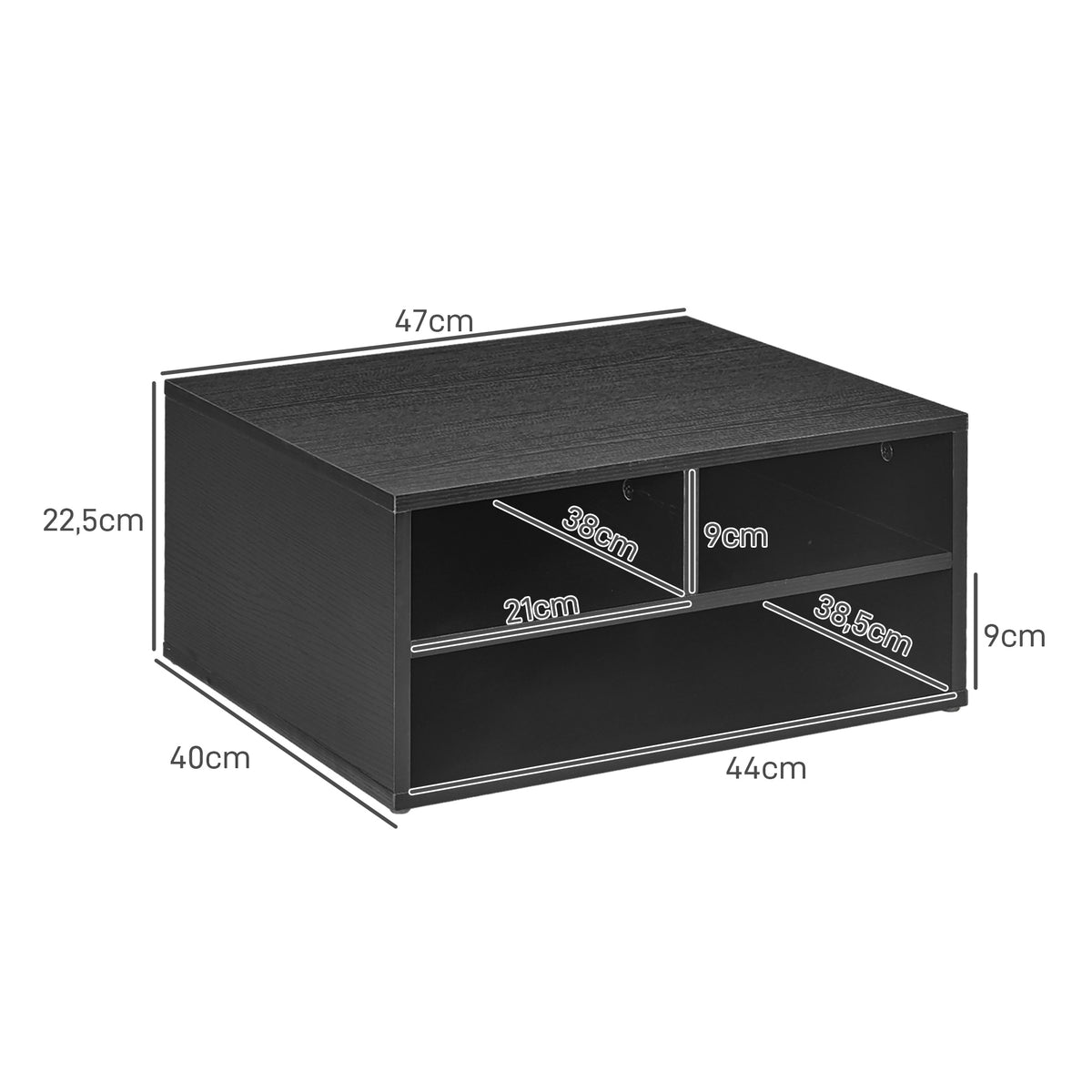 Organizador de escritorio aspecto negro con 3 compartimentos para suministros y soporte de impresora 47 x 40 x 22,5 cm