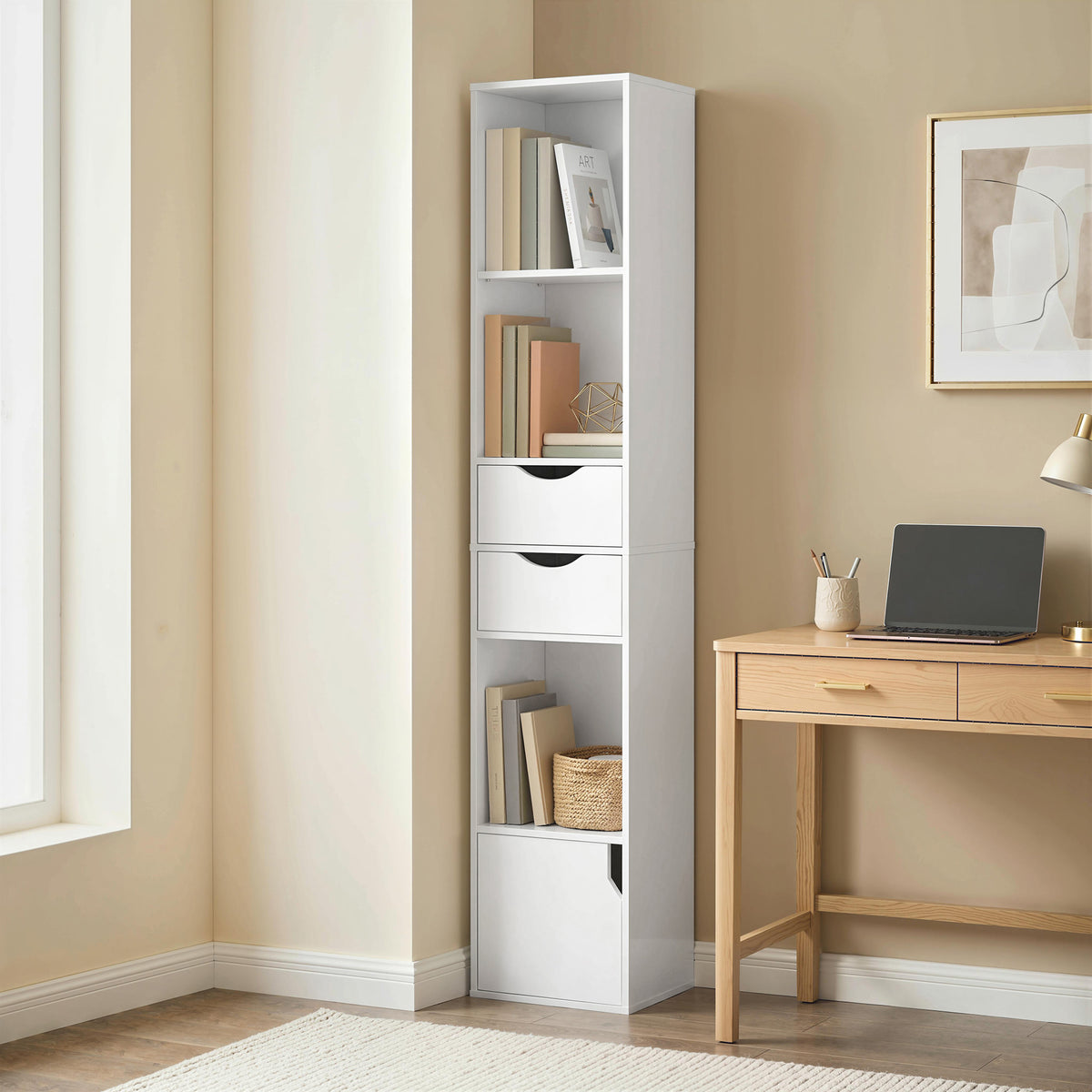 Bibliothèque étagère de rangement avec porte, 2 tiroirs, compartiments ouverts et étagère réglable, 30x24x158cm, blanc