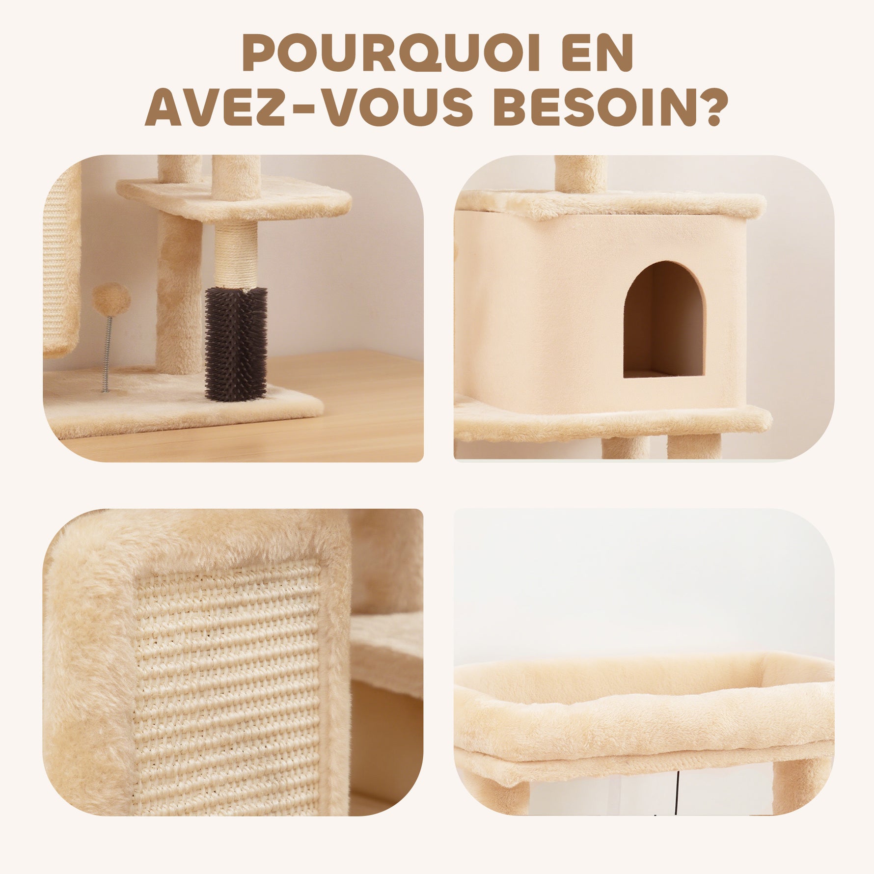 Arbre à chat, tour de jeux, hauteur de 132 cm, avec lit, maison, brosse de toilettage,  55 x 44 x 132 cm, beige