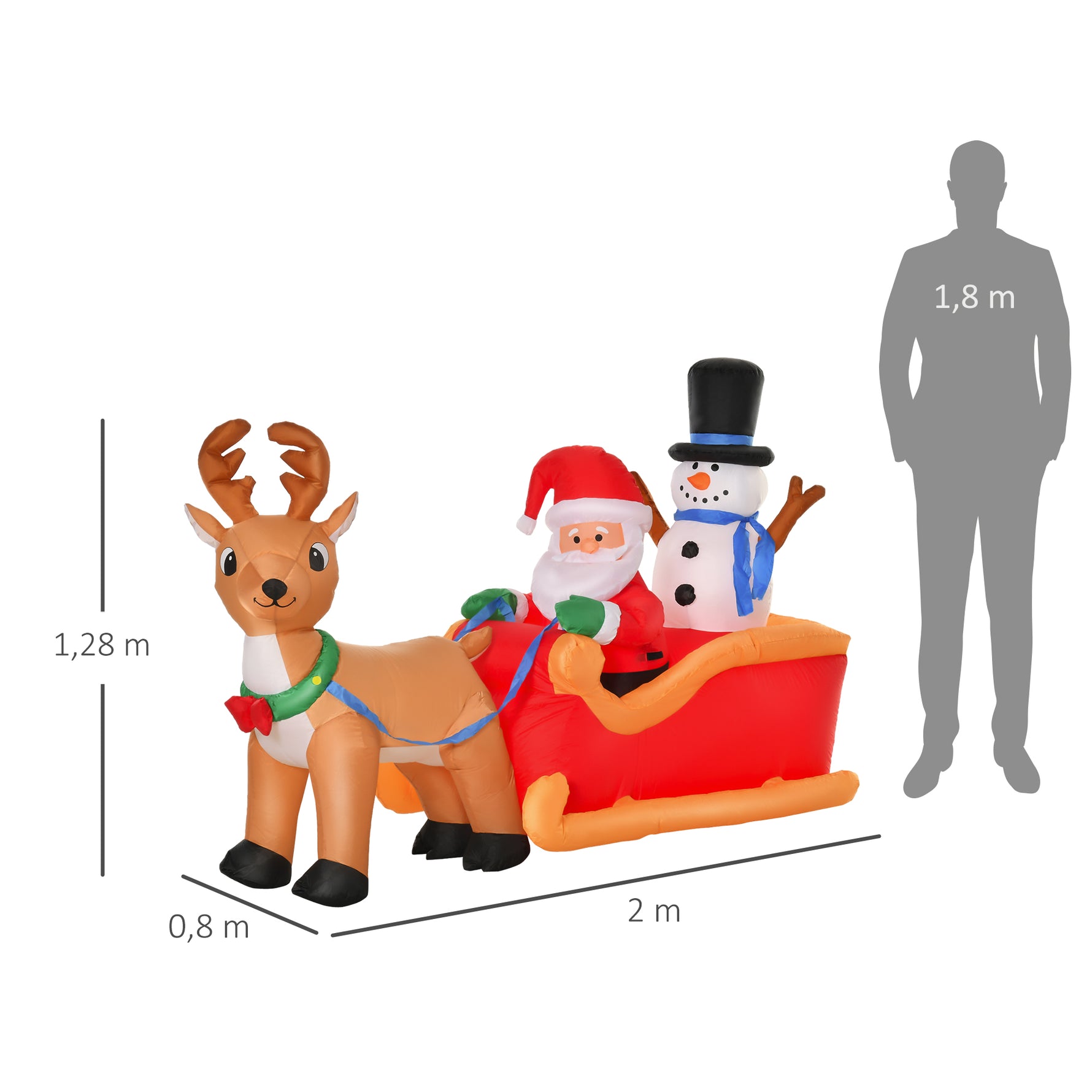Père Noël gonflable avec traîneau et rennes 200 cm 5 lumières LED décoration de Noël intérieure et extérieure rouge