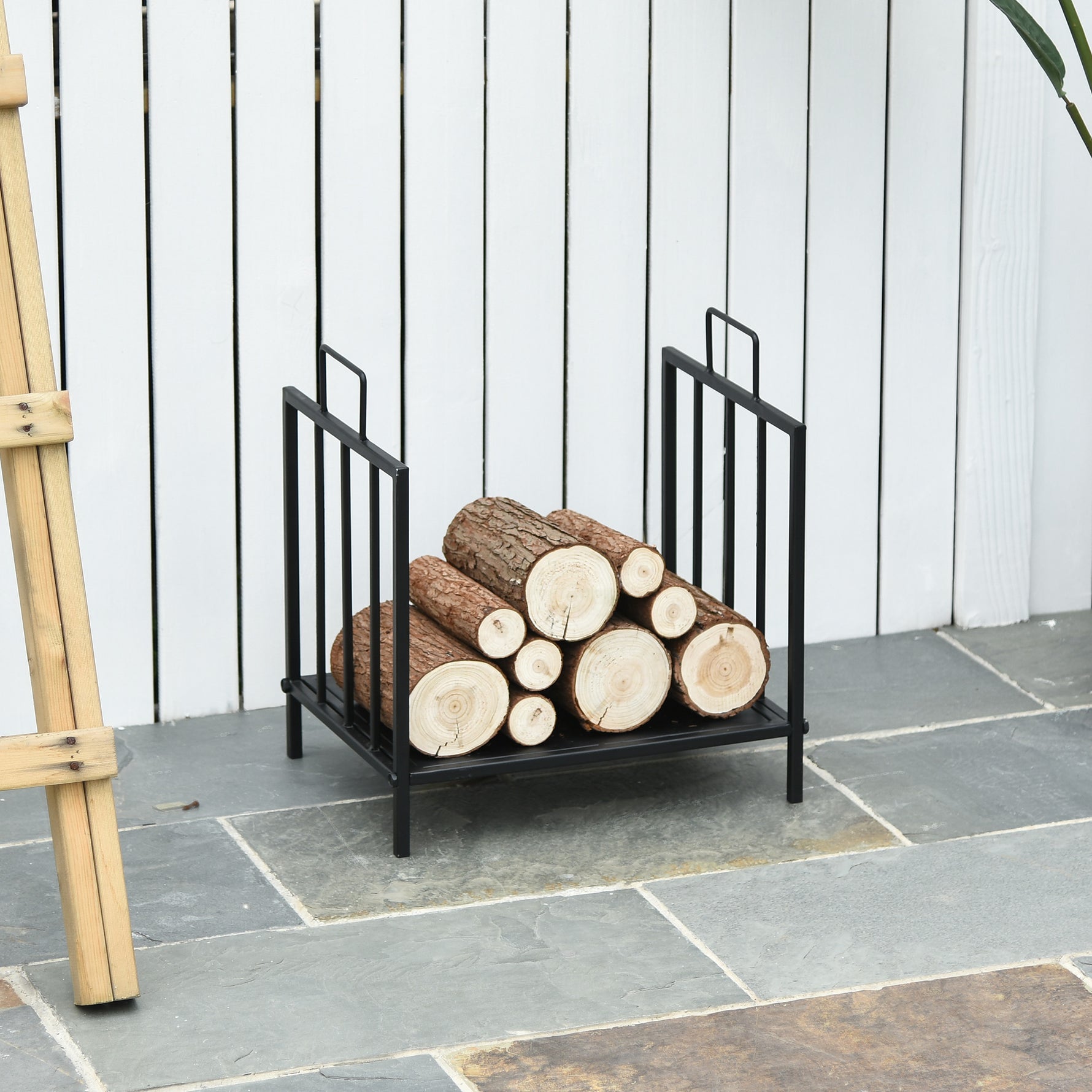 Range bûches Porte-bûches Etagère porte bois de cheminée charge max. 15 Kg dim. 44L x 33l x 46H cm métal époxy noir