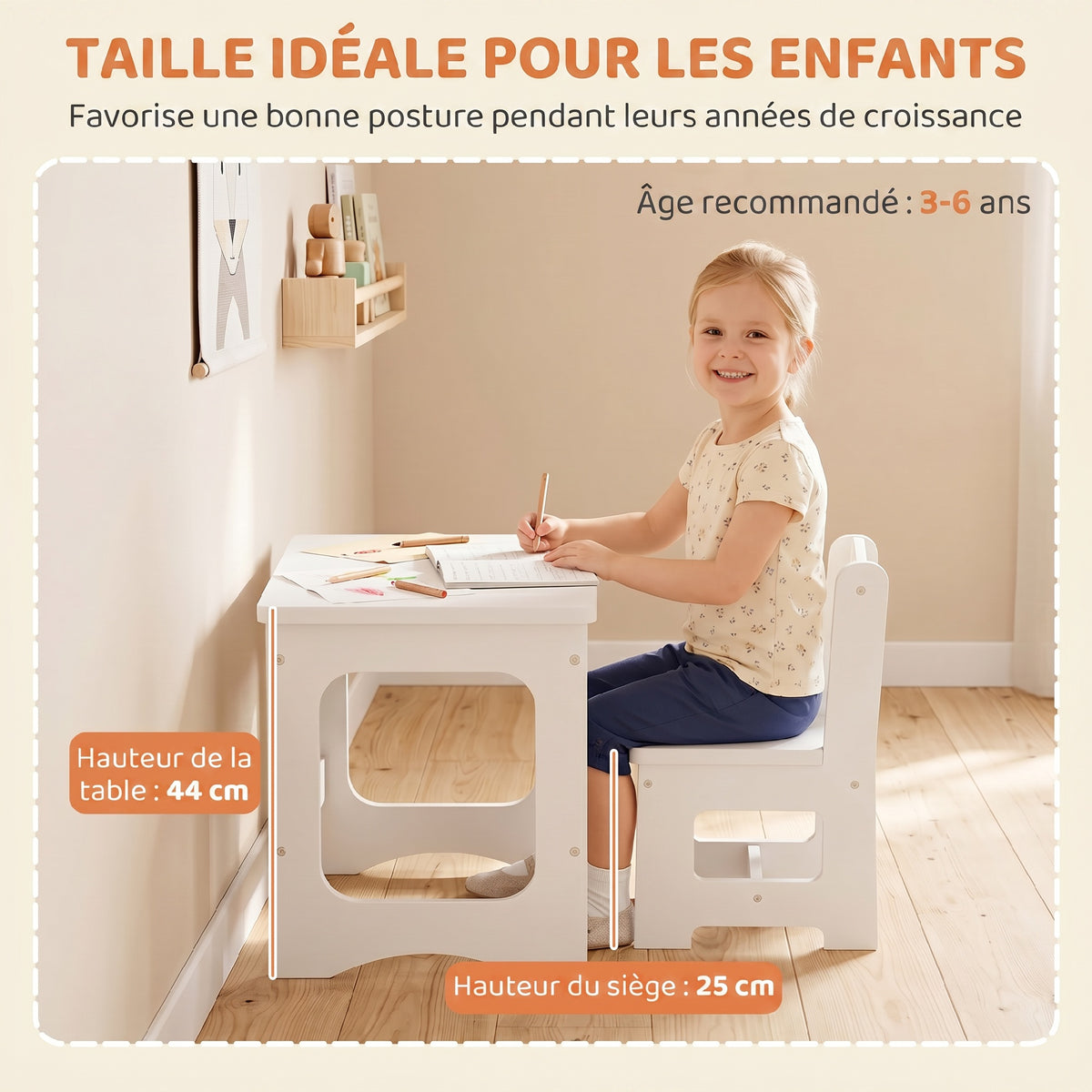 Bureau et Chaise pour Enfant avec Plateau Réversible Tableau Noir, 3 à 6 Ans, Blanc