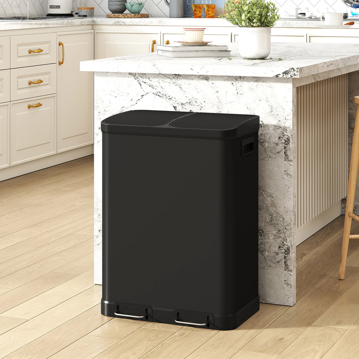 Poubelle de cuisine à double compartiment 2 x 30L avec pédale en acier inoxydable, couvercle à fermeture douce, noir