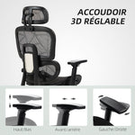 Fauteuil de bureau, chaise de bureau ergonomique en maille avec accoudoirs 3D, dossier inclinable, 66x64x122 cm, noir