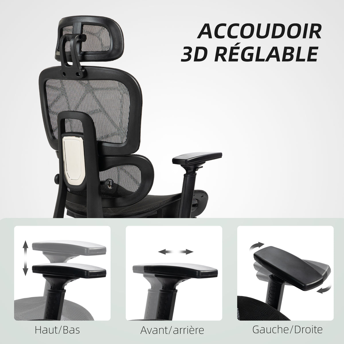 Fauteuil de bureau, chaise de bureau ergonomique en maille avec accoudoirs 3D, dossier inclinable, 66x64x122 cm, noir
