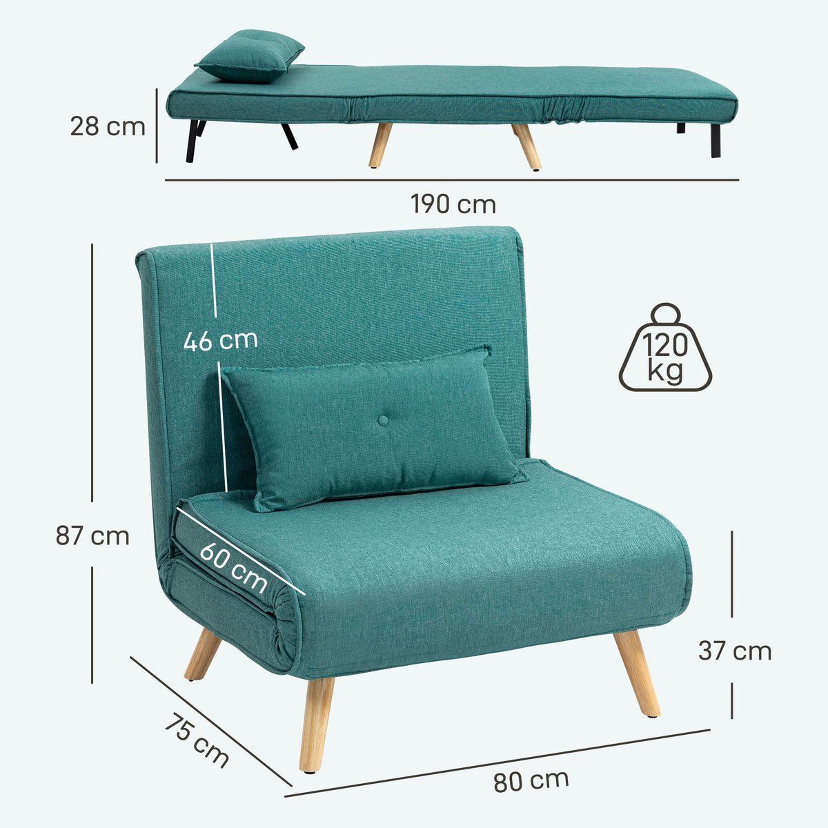 Besaulki bihurgarri bakarrekoa, 3-in-1 klik-klak sofa-ohea, 5 posiziotako bizkarralde erregulagarriarekin, burko barne, berdea