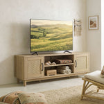 Meuble TV 135 cm, meuble télé pour téléviseur jusqu'à 65 pouces avec 2 portes en rotin, 2 compartiments ouverts, chêne