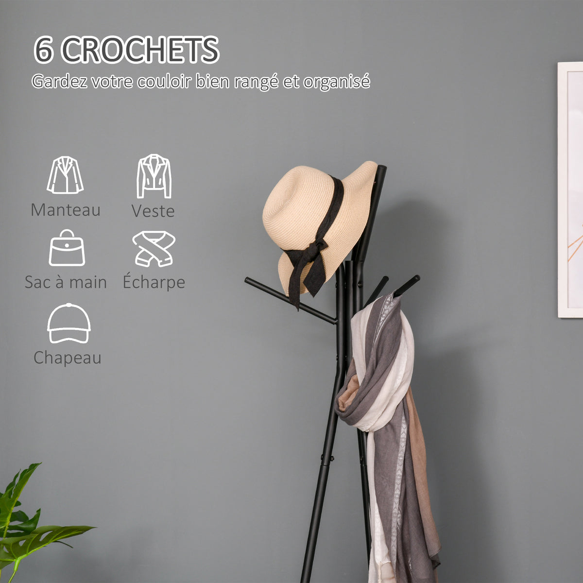 Porte-manteau trépied style industriel branches 2 étagères + 6 patères dim. 52L x 46l x 182H cm métal noir
