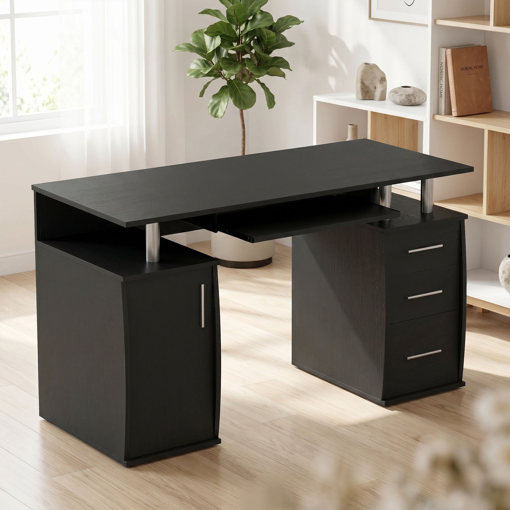 Bureau d'ordinateur, bureau informatique 120 x 55 cm avec plateau pour clavier, 3 tiroirs, pour chambre, domicile, noir