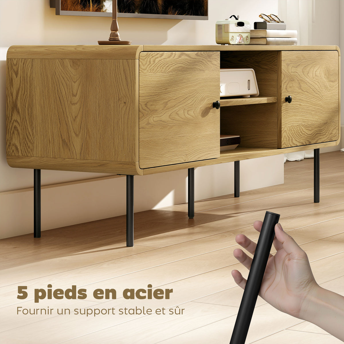Meuble TV, meuble télé jusqu'à 55 pouces avec 2 portes, 2 compartiments ouverts, pieds en acier, 120x40x50cm, chêne
