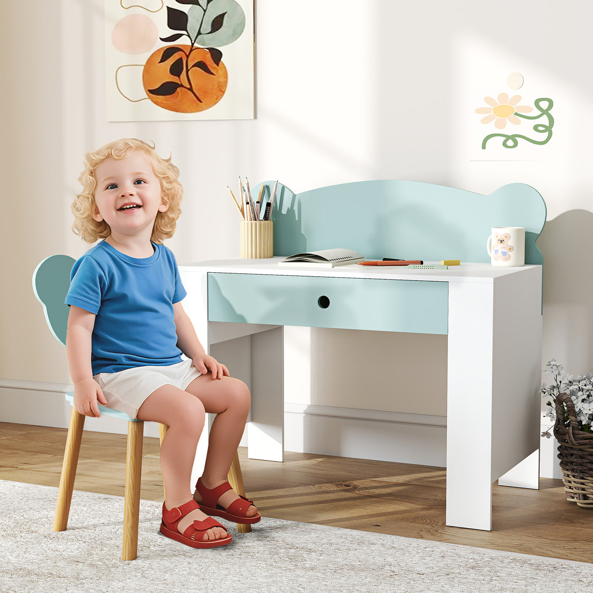 Scrivania per bambini con sedia, tavolo per bambini e sedia con cassetto e ampio piano, 80 x 41 x 74,5 cm, verde