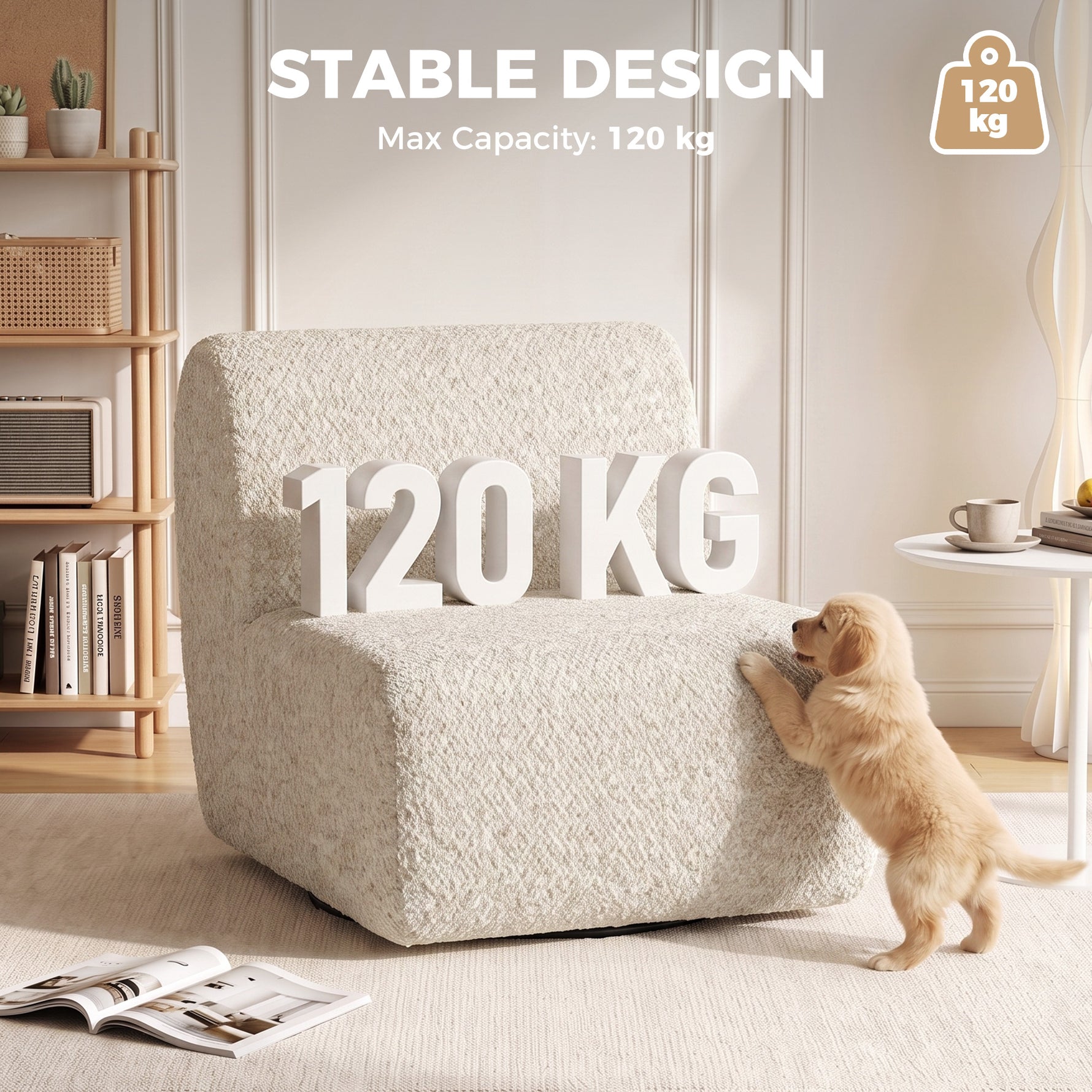 Fauteuil de salon pivotant 360°, canapé 1 place rembourré en chenille avec assise extra-large, rembourrage épais, beige