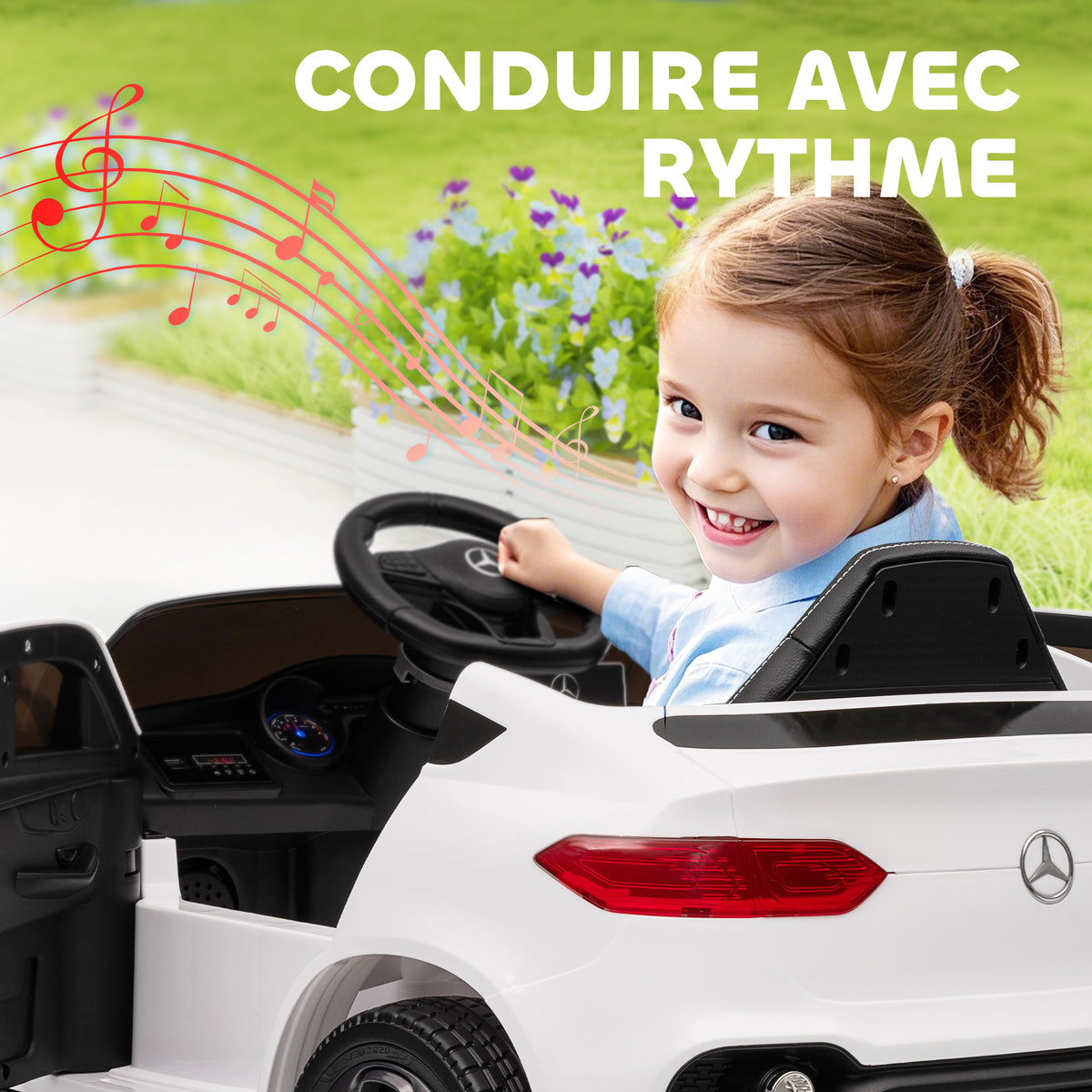 Voiture électrique enfants, véhicule électrique 12V, télécommande 2,4G, 3 vitesses, démarrage lent, 105x68x50cm, blanc