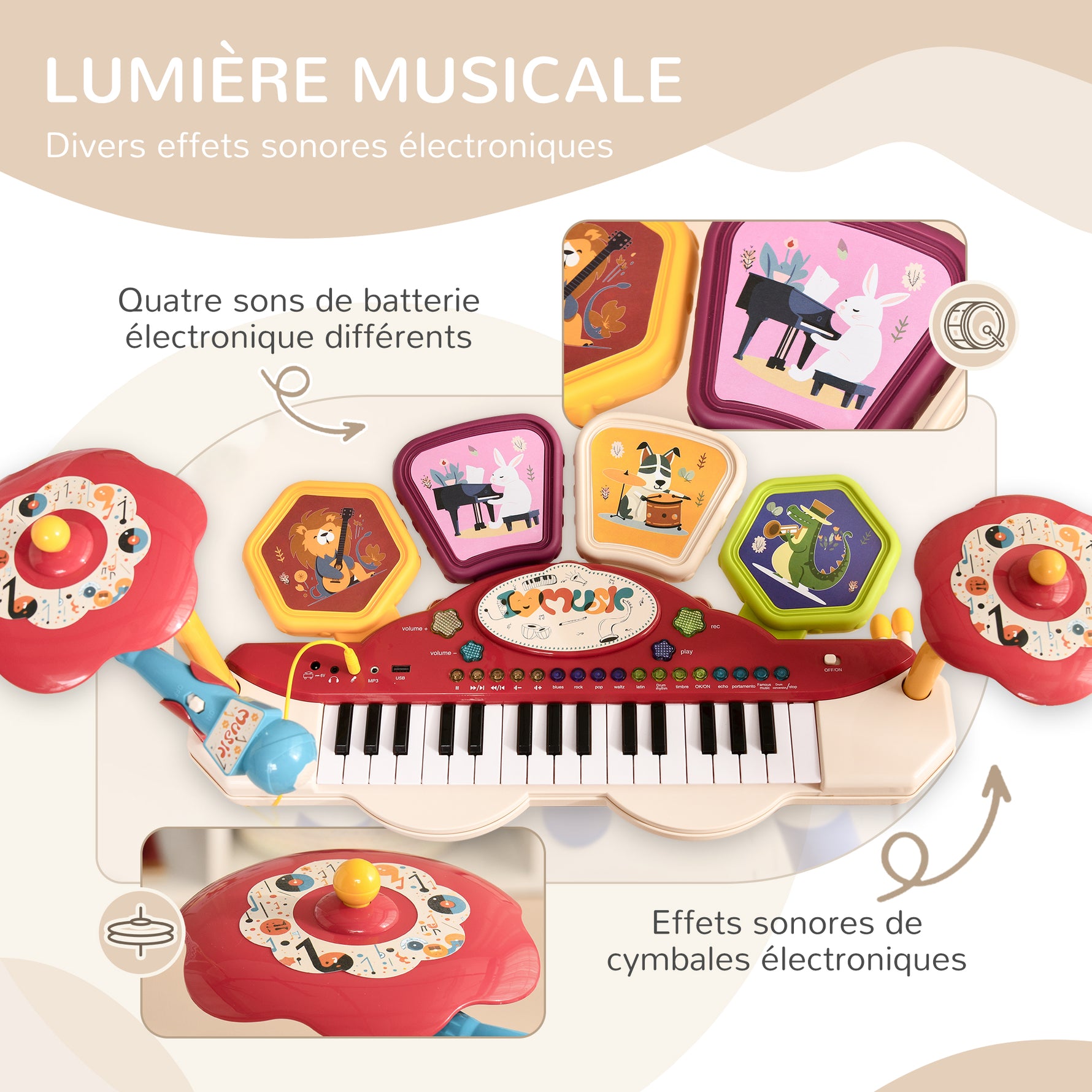 Ensemble de musique 2 en 1 pour enfant piano et batterie électronique avec micro et tabouret