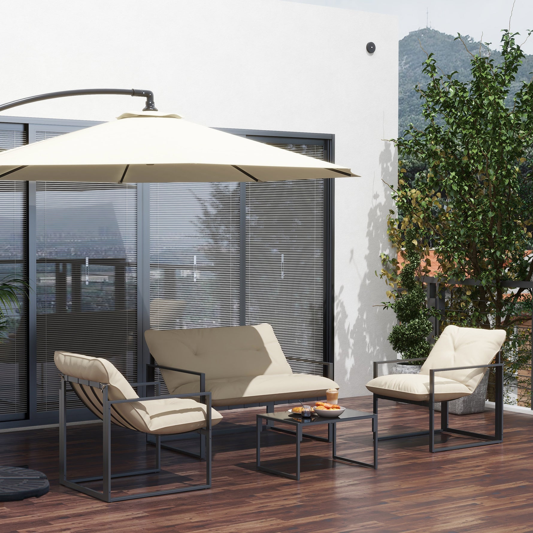 Salon de jardin 4 pièces 4 personnes avec canapé 2 places, 2 fauteuils et 1 table basse gris