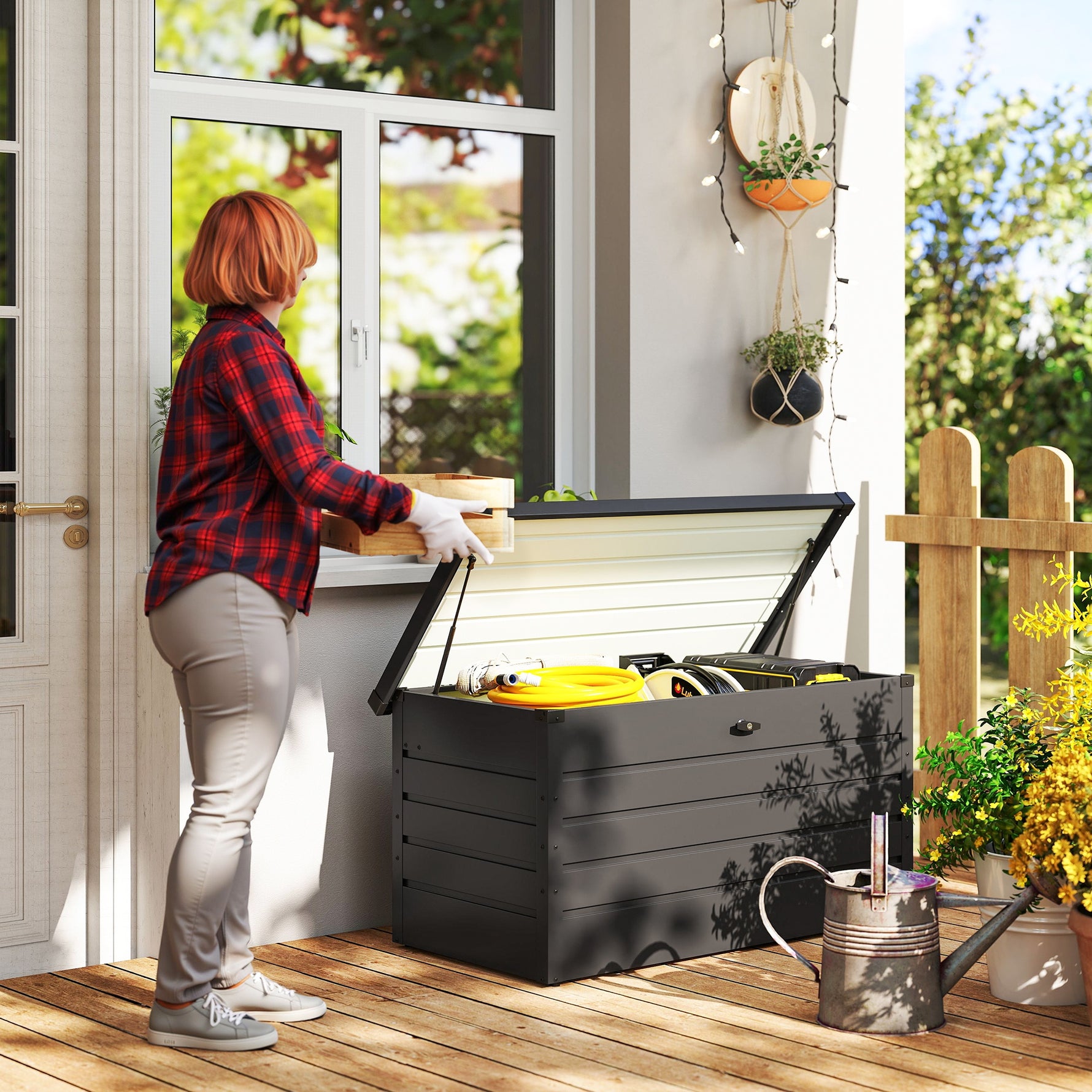 Coffre de rangement exterieur XXL 311L coffre de jardin acier galvanisé verrouillable vérin à gaz 120x62x62cm gris foncé