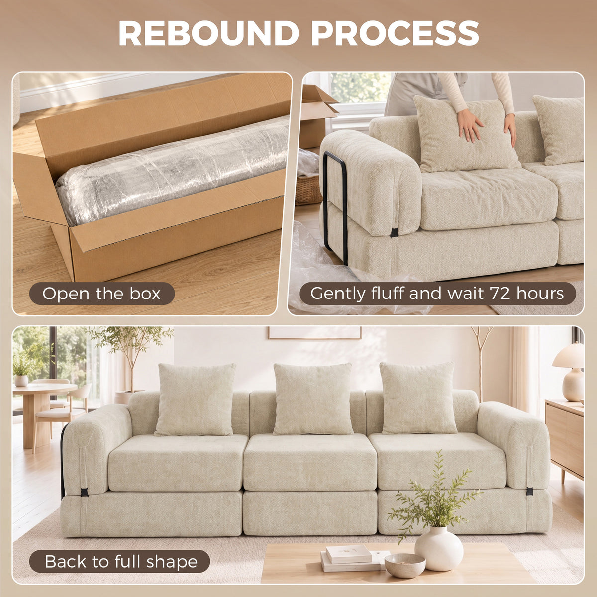 Canapé-Lit Pliable 245 cm, Canapé Compressé 3 Places Modulaire en Chenille avec Assise large, 3 Coussins, Beige-7