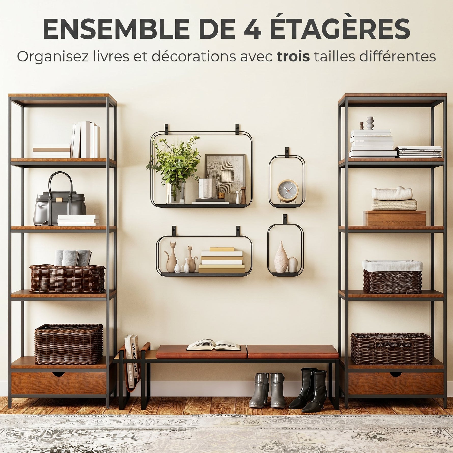 Lot de 4 étagères murales industrielles, étagères flottantes géométriques en métal, pour salon, chambre et bureau, noir