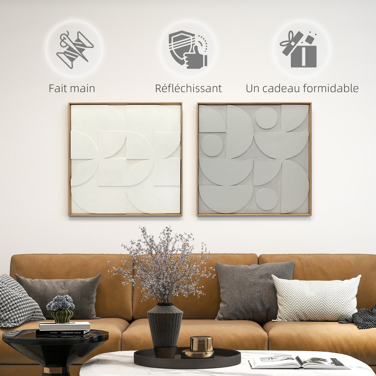 Lot de 2 tableaux abstraits 3D, décoration murale en bois géométrique, pour salon, chambre, bureau, 80 x 80 cm, blanc