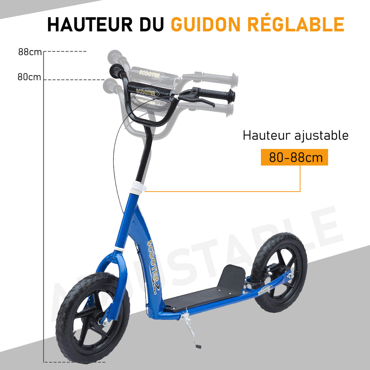 Kinderroller Tretroller 30 cm Luftreifen, höhenverstellbarer Lenker, Handbremse und Ständer, Stahl, für Kinder ab 5 Jahren, Blau