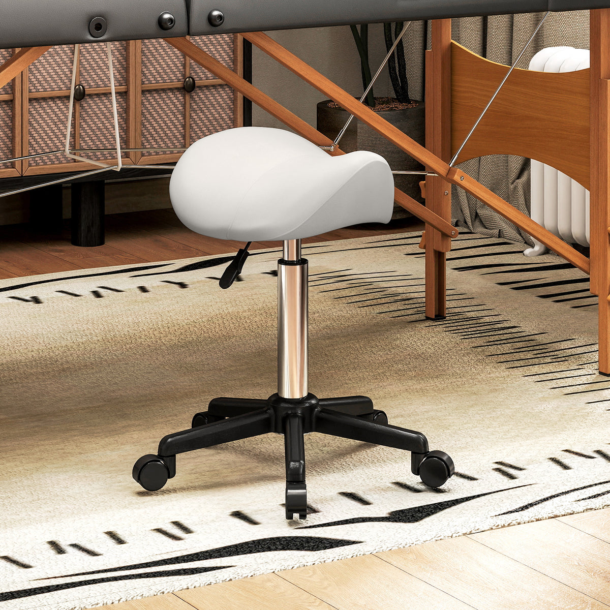 Sgabello con ruote, sedia da lavoro con altezza regolabile 45-57 cm e sedile ergonomico, 48x47x45-57 cm, bianco