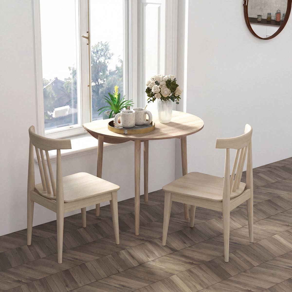 Folding dining table with 2 drop leaves - extendable round table - space-saving with wooden legs Ø89 x 73.5H cm